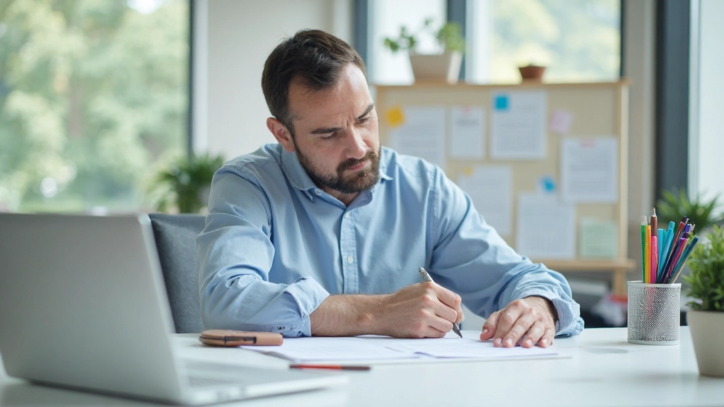 Молодой человек планирует свой день с цветными маркерами и календарем