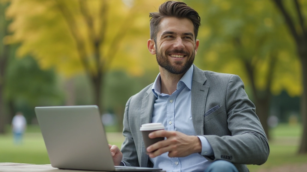 Человек отдыхает в парке с чашкой кофе и ноутбуком