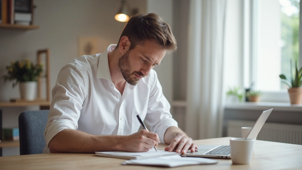 Человек работает за письменным столом с плановой тетрадью и кофе