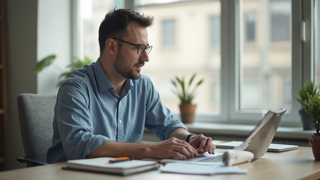 Профессиональная фотография человека, сосредоточенно работающего на ноутбуке в спокойной обстановке