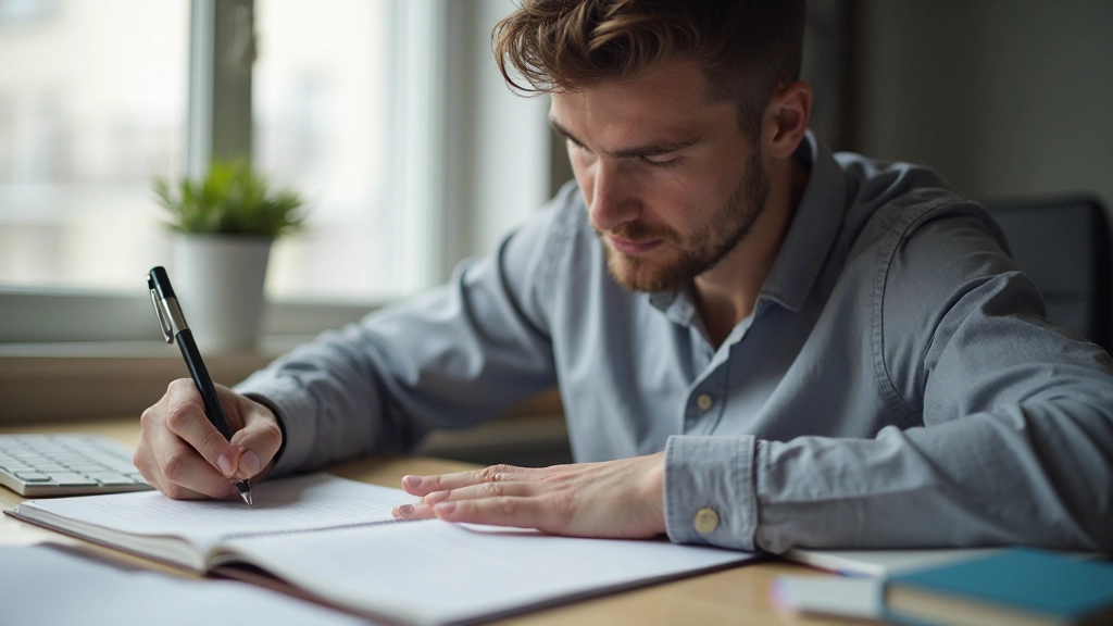 Человек, записывающий планы в ежедневник, с видом на комфортное рабочее место