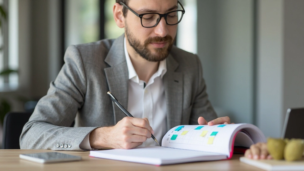 Плановая система в ноутбуке с разноцветными заметками и графиком работы