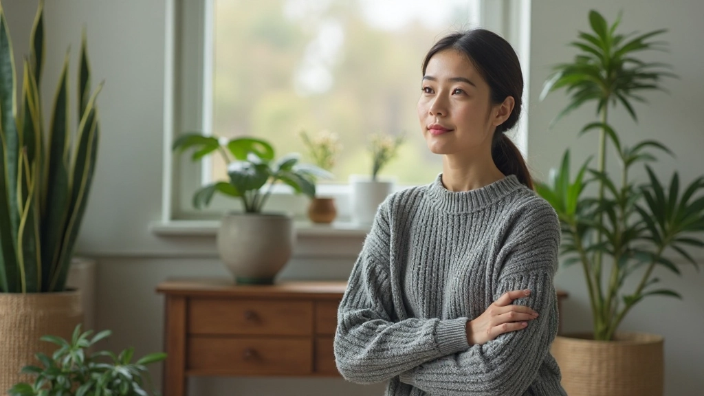 Женщина медитирует в уютном уголке комнаты с растениями