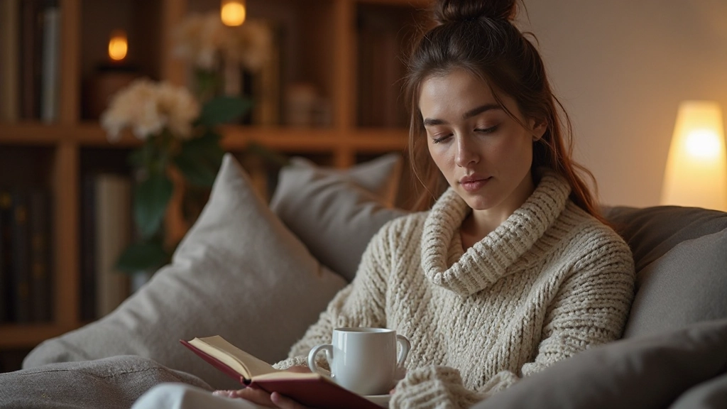 Человек отдыхает с книгой и напитком в уютной обстановке