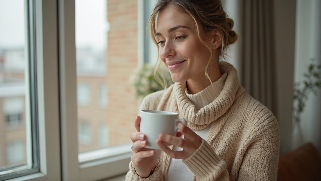 Женщина делает перерыв, пьет чай и смотрит в окно