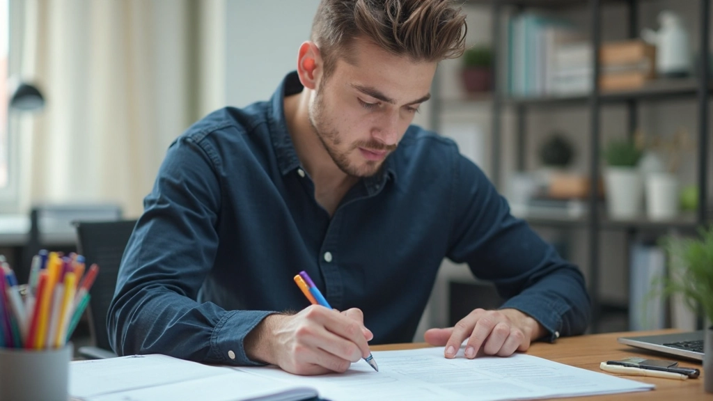 Молодой человек планирует свой день с цветными маркерами и календарем